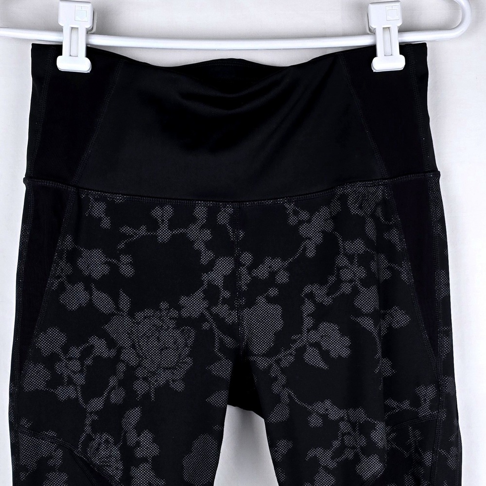 Athleta Womens Black Floral Mesh Panel High Rise Leggings Size M Zipper Pocket - Picture 12 of 12